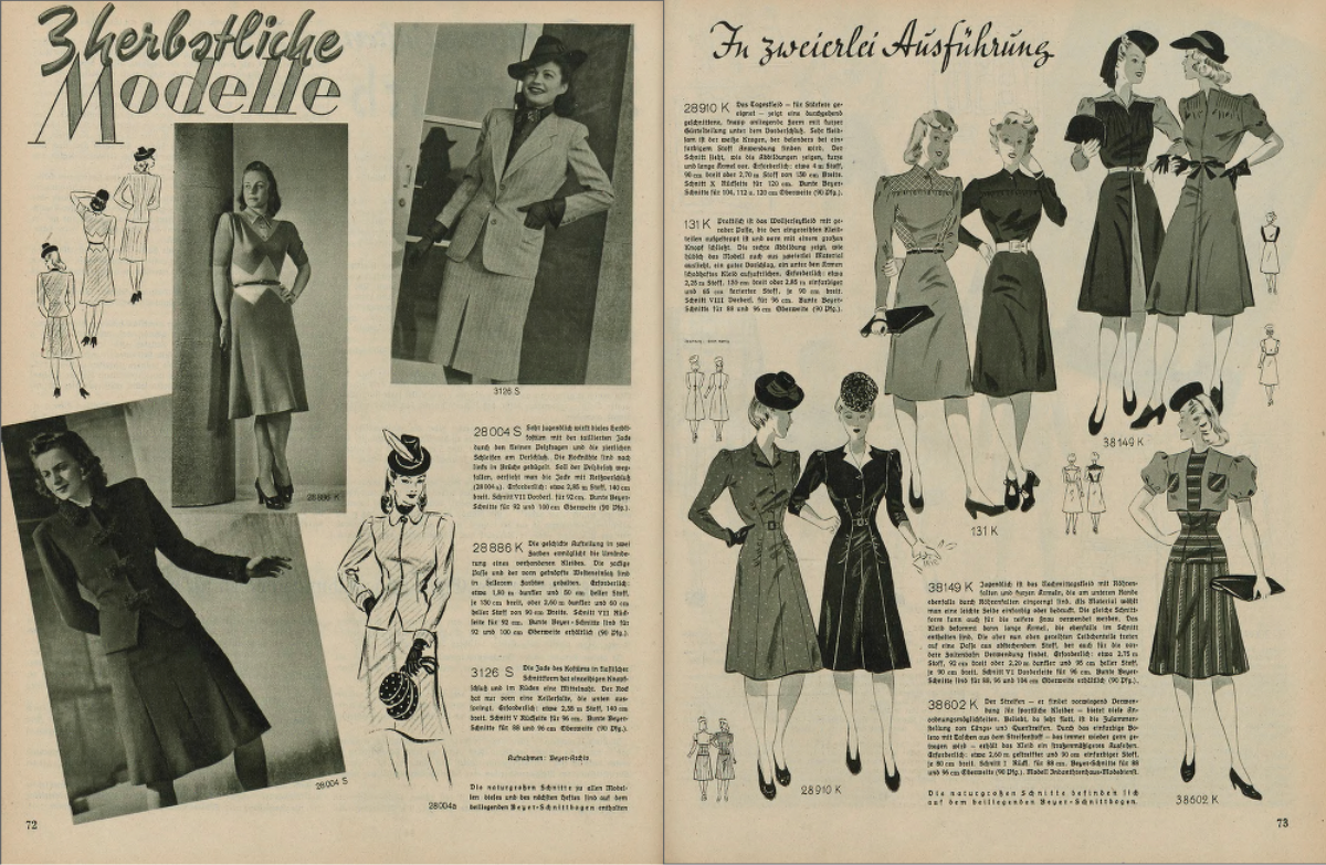 A fashion spread in the Nazi women’s magazine NS Frauen-Warte, 1 September 1940. Elbląska Biblioteka Cyfrowa. Public Domain.